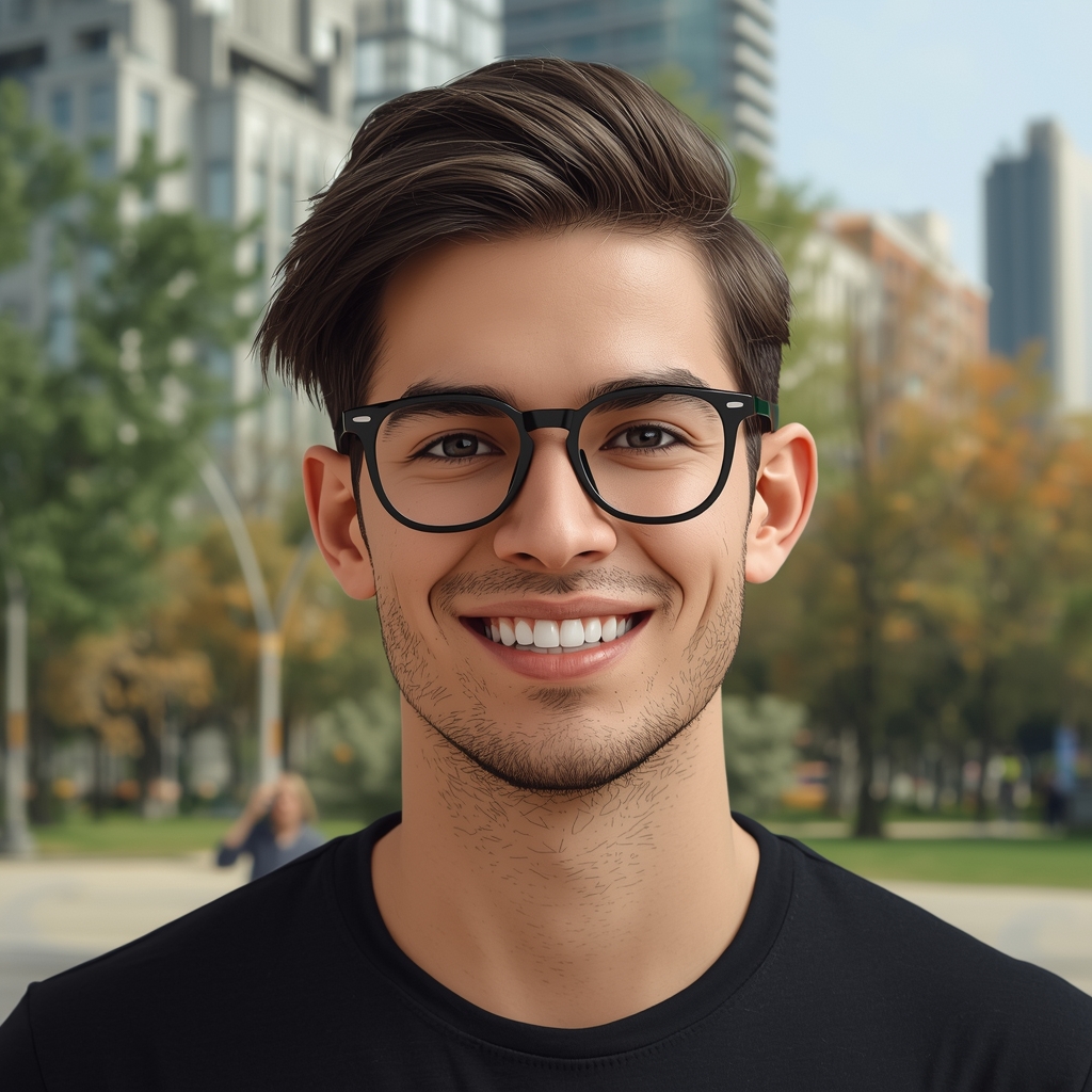 Portrait of a young man, stylish glasses, urban park background, smiling, photorealistic